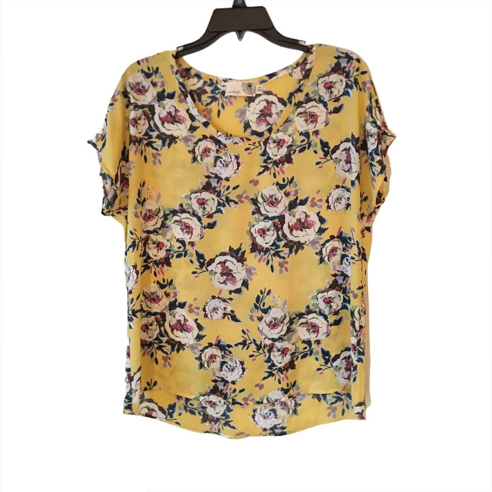 Everleigh Anthropologie Top Yellow Floral Print Short Sleeve Scoop Neck